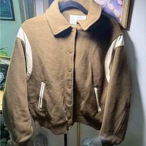 OAK + FORT VARSITY WOOL BLEND BOMBER GREEN